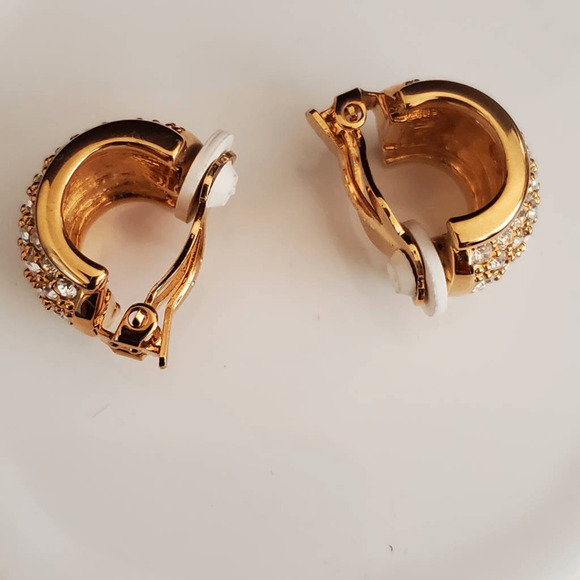 Swarovski Half Hoop Earrings Gold Plated Pave Crystals Clip-On Swan Signed - Picture 4 of 7